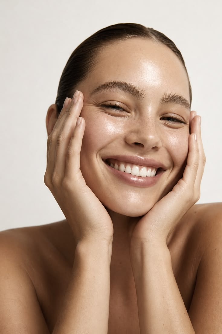 A smiling woman holding her face gently